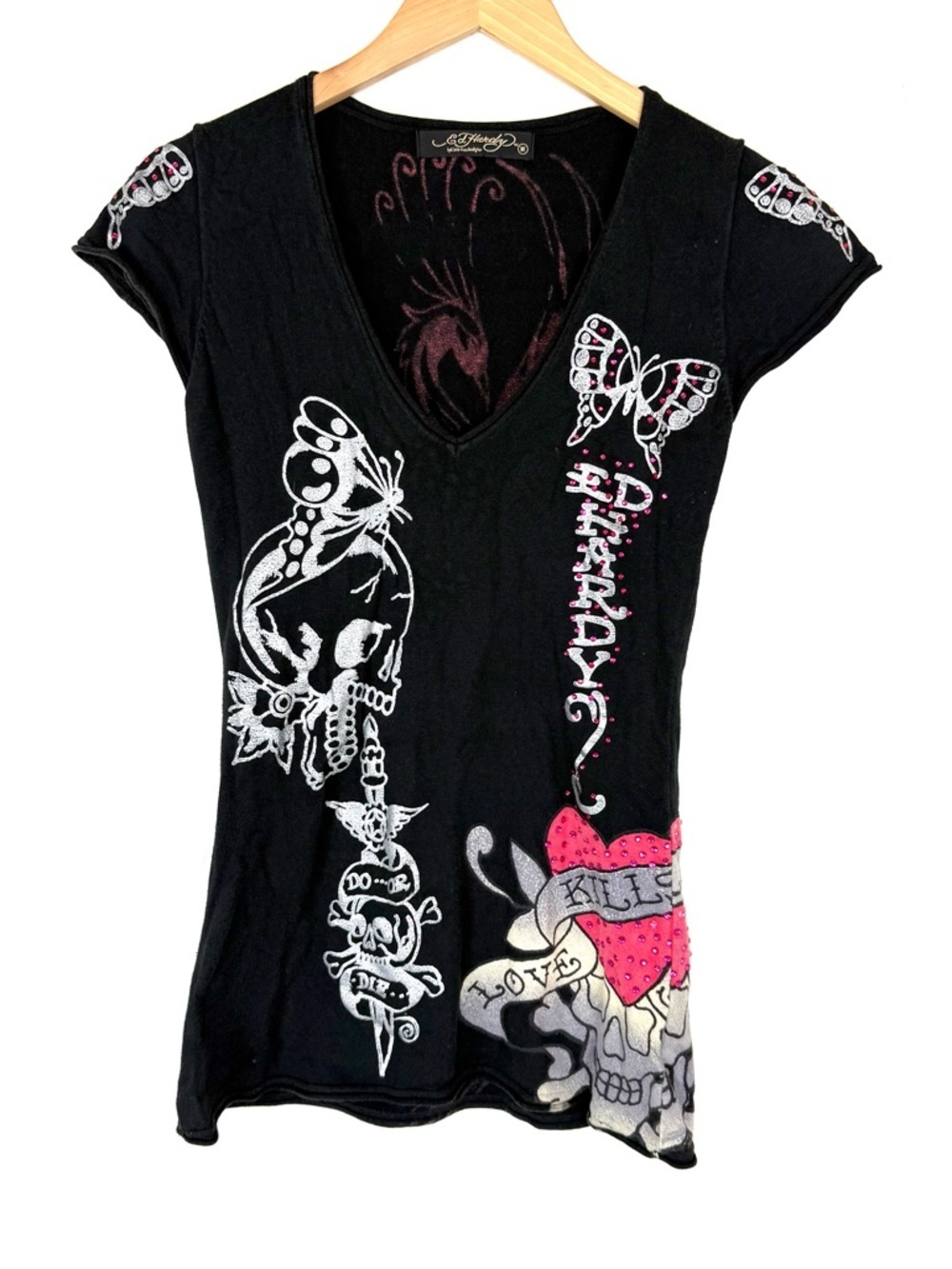 VINTAGE Y2K Ed Hardy AOP Embellished Love Kills Slowly Skull Butterfly Tee